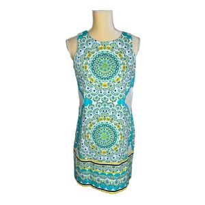London Times Blue Yellow Geo Medallion Sheath Dress Cotton‎ Size 6
